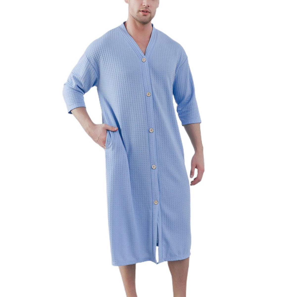 Jinda Men's Soft Robe Button Down House Coat Nightgown Summer V Neck Comfy 3/4 Sleeve Housecoat Sleep Shirt