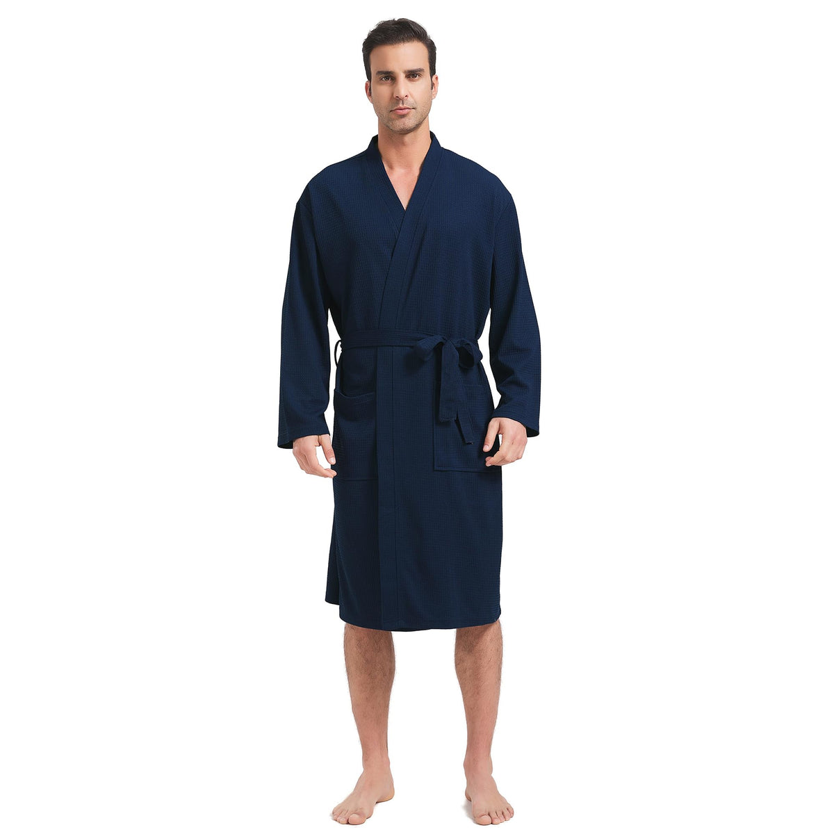 FashGudim Mens Lightweight Waffle Knit Robe Soft Kimono Spa Bathrobes Knee Length Summer Robes