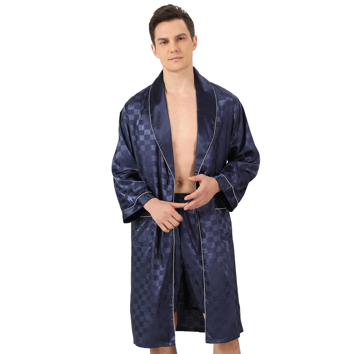 Haseil Men's Luxurious Kimono Robe with Shorts Silk Satin Bathrobes Lightweight Long Sleeve Sleepwear Set