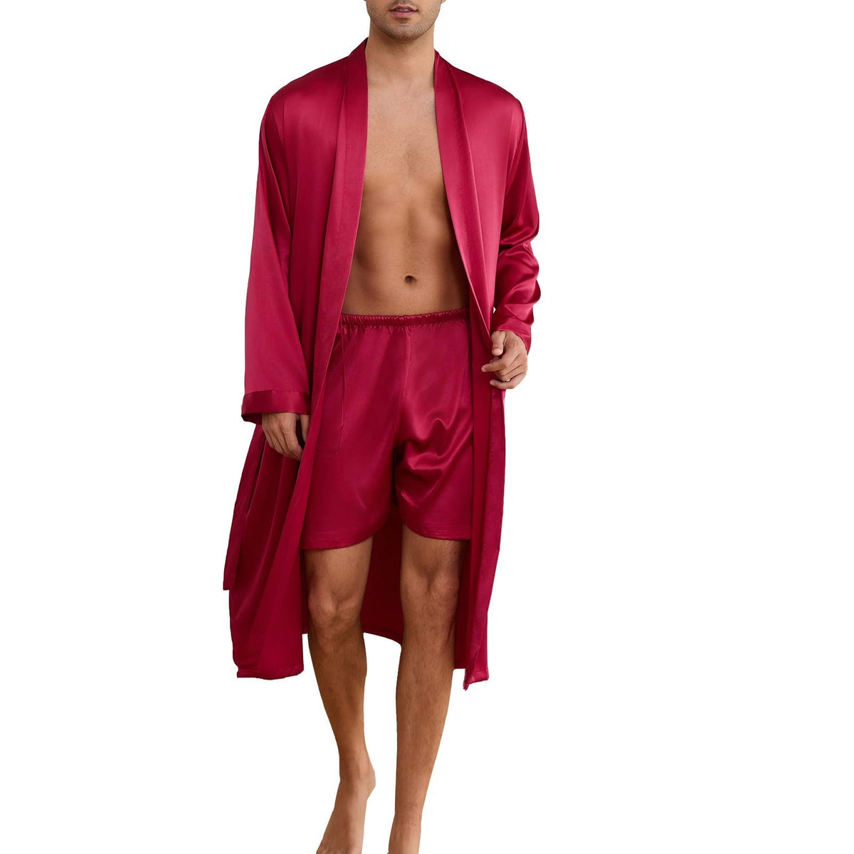 ZUEVI Men's Kimono Robe Set Silk Satin Long Sleeve Bathrobe with Shorts 2 PCS Sleepwear Pjs Sets