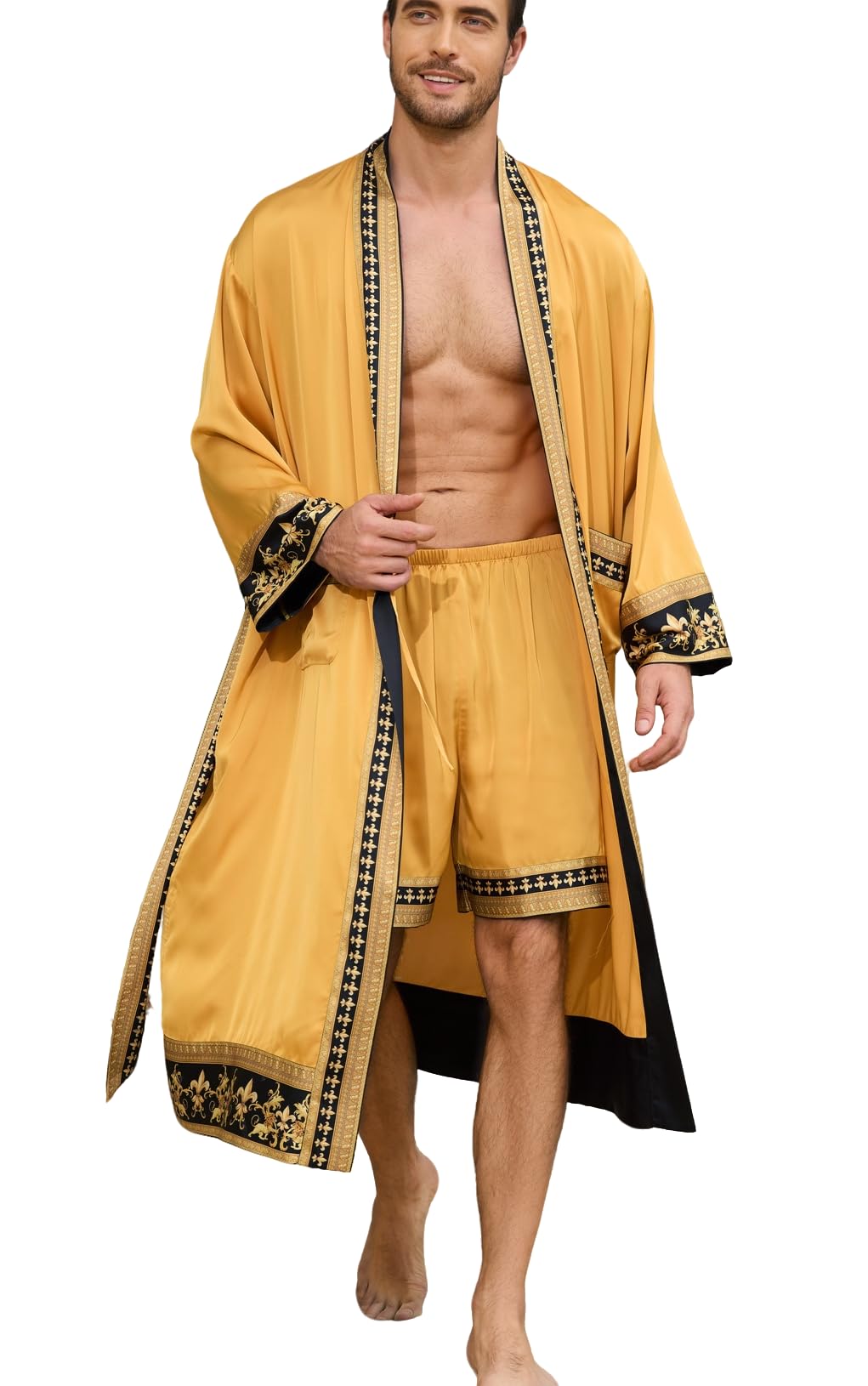 Men's Satin Robe Luxurious Kimono Bathrobe with Shorts Lightweight Soft Loungewear Nightwear with Pockets
