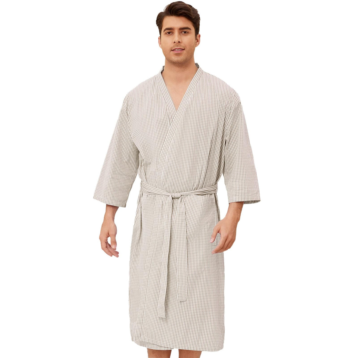 Mens Lightweight Cotton Bath Robe, Summer Bathrobe with Pockets
