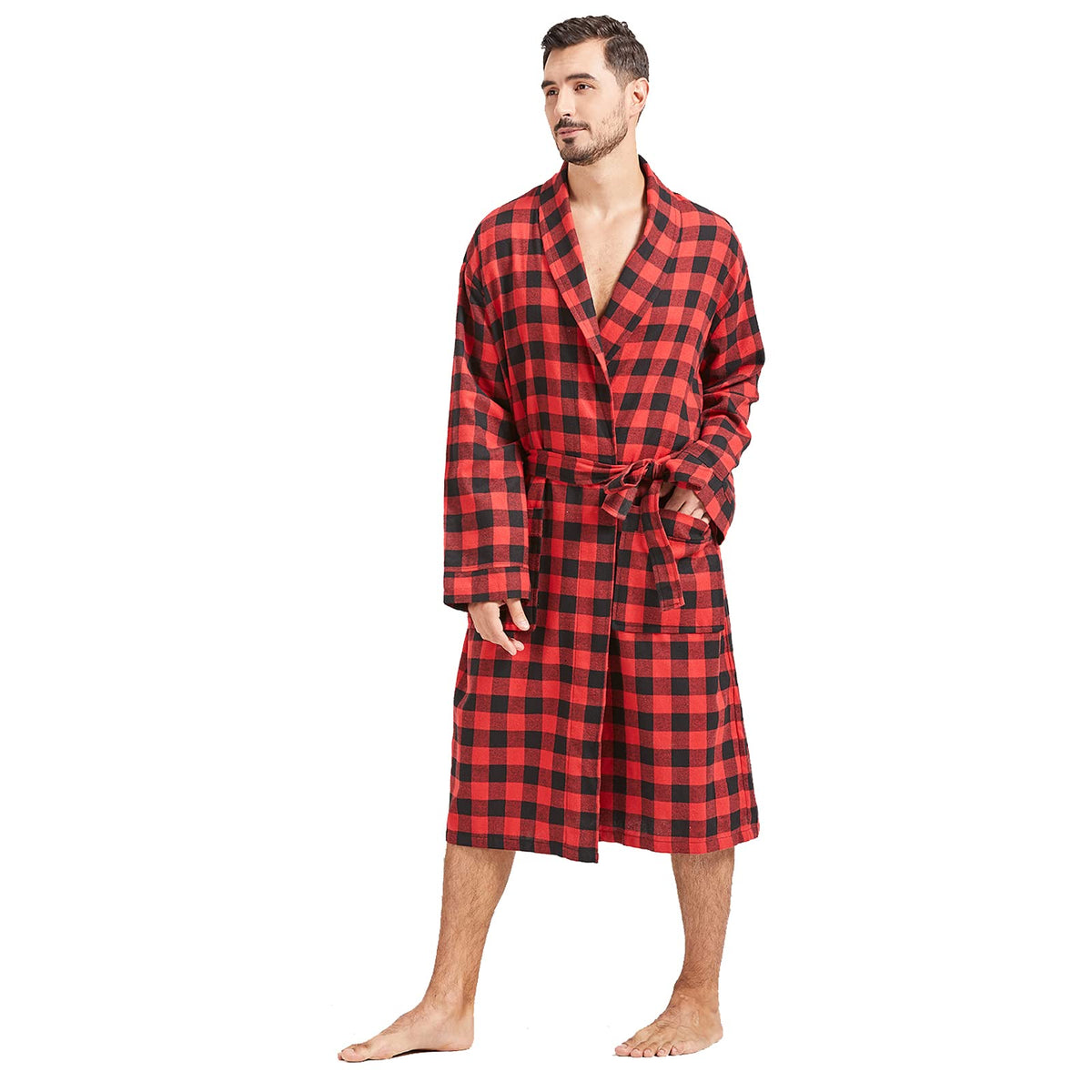FashGudim Mens Buffalo Plaid Cotton Robe Lightweight Bathrobe Shawl Collar Kimono Sleepwear Loungewear House Robes