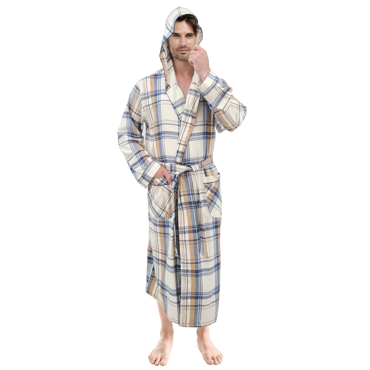 Andrew Scott Mens' Robe with Hoodie| Cotton Flannel Brush Plaid | All Season | Full Length House Robe