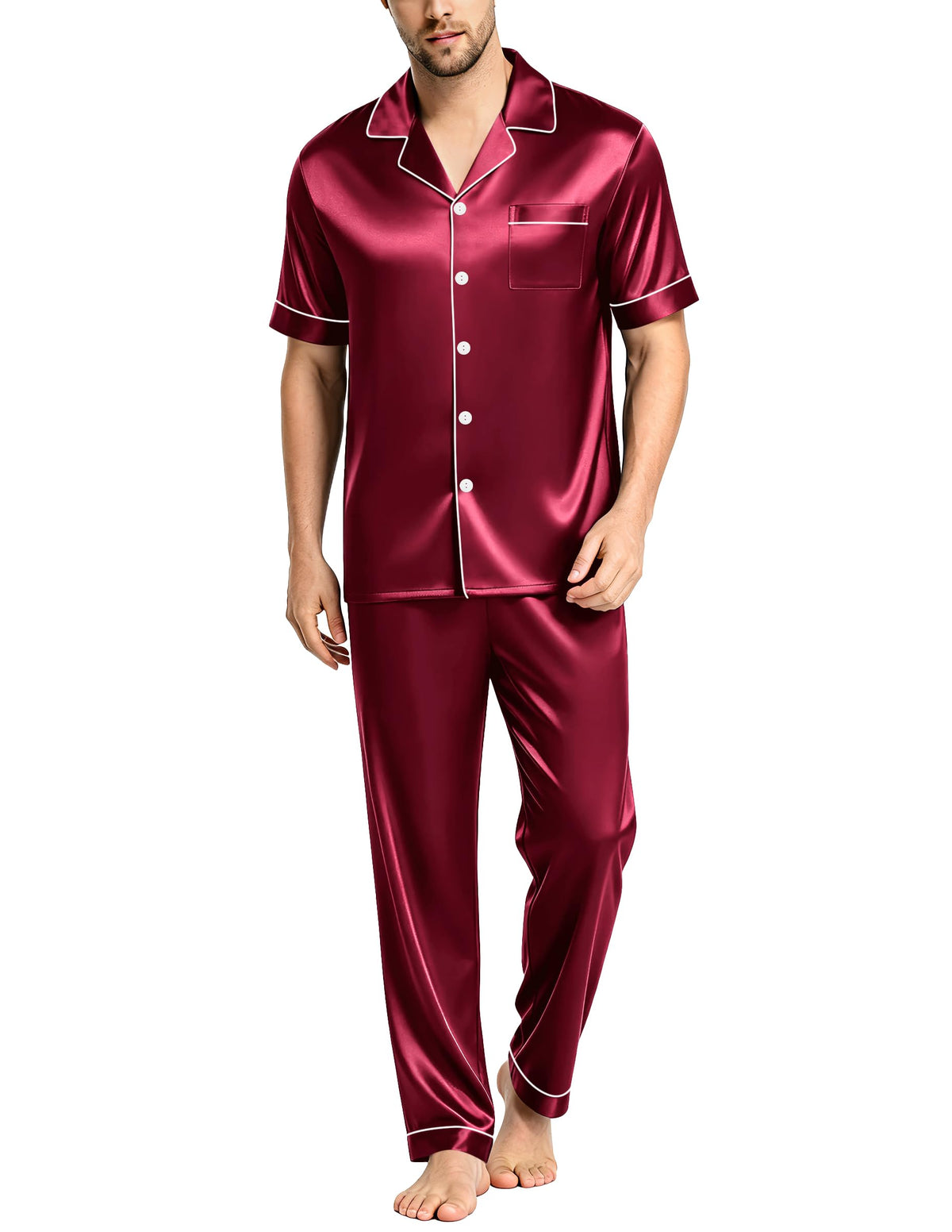 SWOMOG Mens Satin Pajama Set Short Sleeve Classic Sleepwear Button Down Silky Loungewear with Long Pants