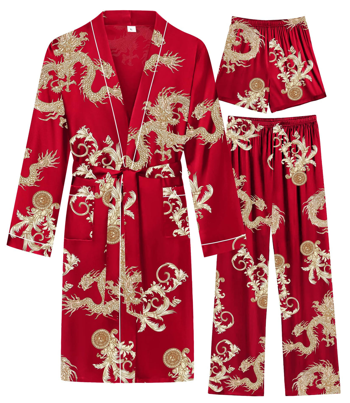 SWOMOG Mens 3 PCS Satin Robe with Pants & Shorts Set Kimono Bathrobe Long Sleeve Sleepwear Pjs Sets with Pockets