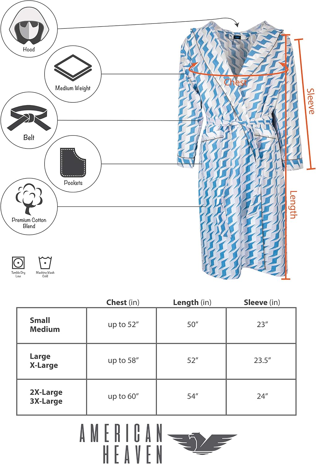 AMERICAN HEAVEN Mens Lightweight Sleep/Lounge Long Bath Robe with Hood -Premium Cotton Blend