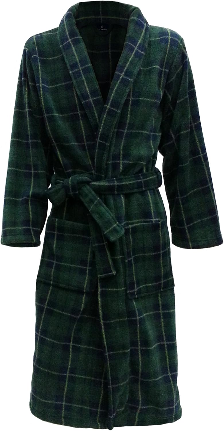 John Christian Men's Fleece Robe Green and Navy Tartan