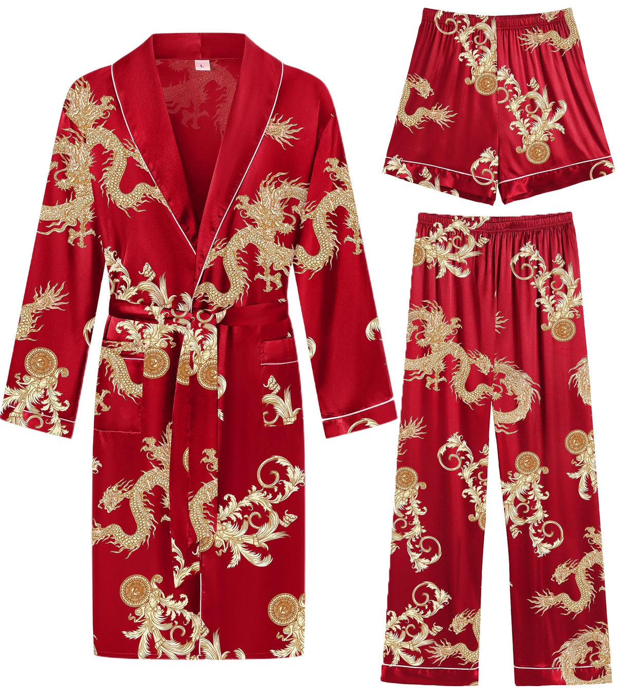SWOMOG Men's Satin Robe 3 Pcs Silky Kimono Bathrobe Set Lightweight Soft Loungewear Nightwear