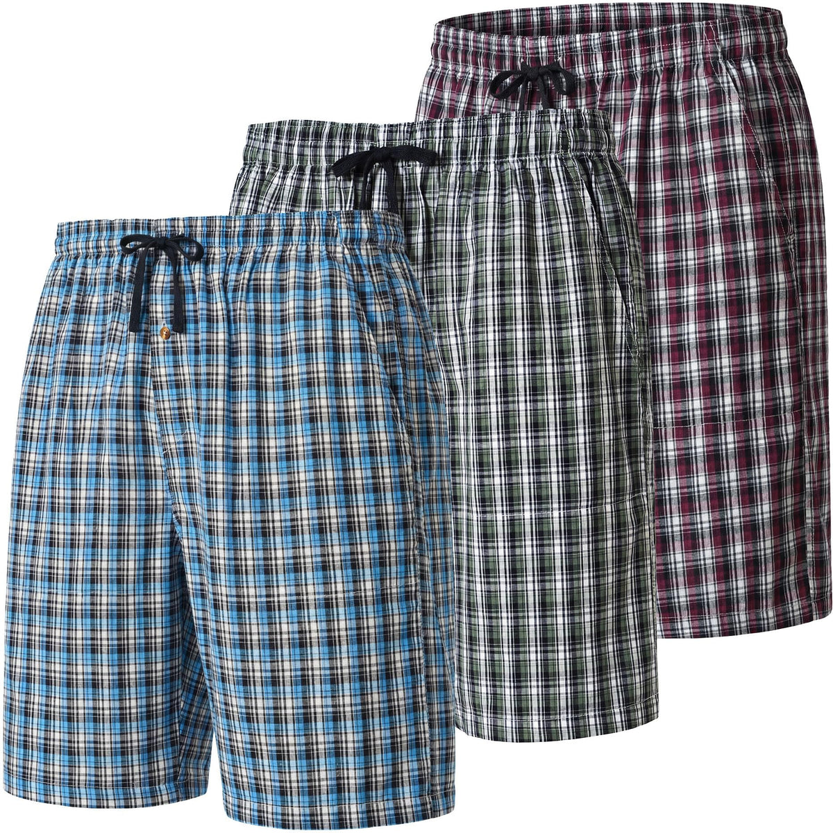 MoFiz Mens Pajama Shorts Woven Cotton Sleep Lounge Shorts 3-Pack Plaid