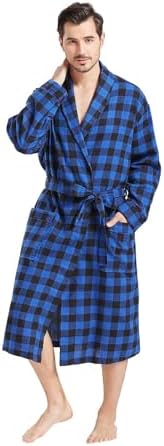 FashGudim Mens Buffalo Plaid Cotton Robe Lightweight Bathrobe Shawl Collar Kimono Sleepwear Loungewear House Robes