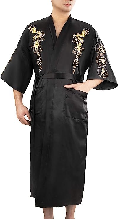 Mens Silk Kimono Robe Mens Japanese Silk Dragon Bathrobe Chinese Kimono Robe Men Open Front Long Cloak with Belt