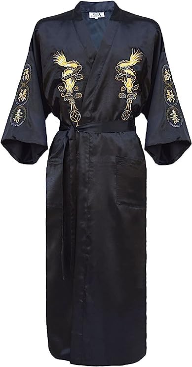 Mens Silk Kimono Robe Mens Japanese Silk Dragon Bathrobe Chinese Kimono Robe Men Open Front Long Cloak with Belt