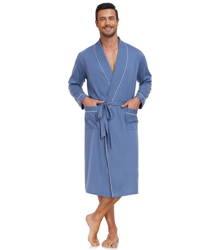 CF Men's 100% Cotton Robe Lightweight Bathrobe Long Sleeve Knit Kimono Sleepwear Soft Knee Length Shower Robe with Pockets