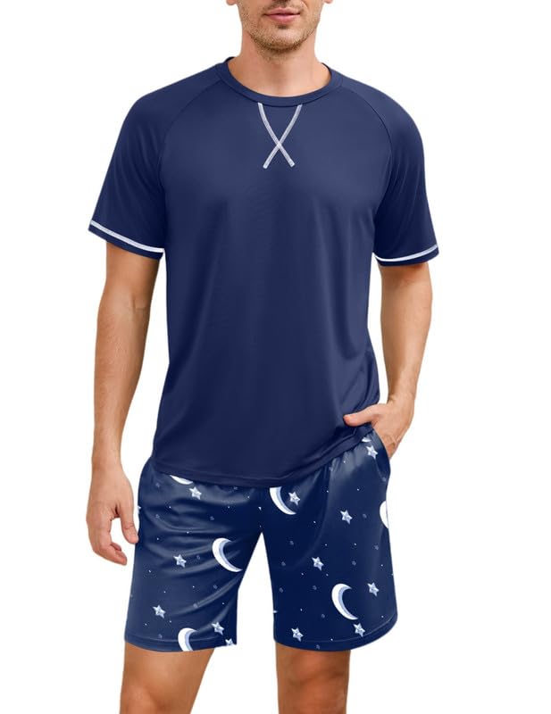 Marvmys Mens Pajama Set Cotton Summer Pjs Short Sleeve Sleepwear Lightweight Pajamas 2 Pieces Loungewear with Pockets S-2XL