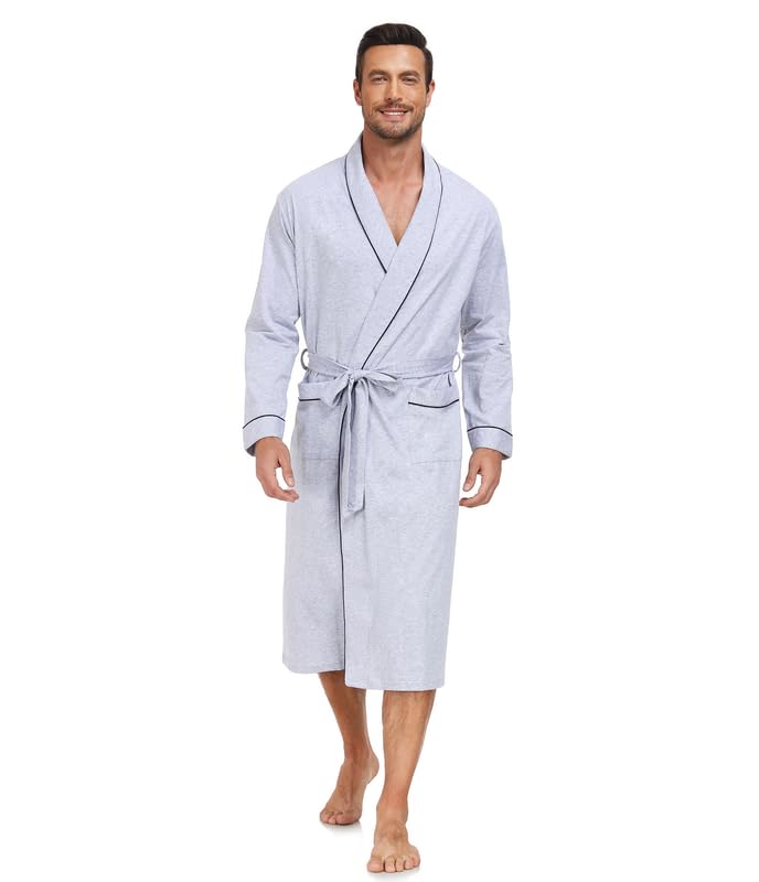 CF Men's 100% Cotton Robe Lightweight Bathrobe Long Sleeve Knit Kimono Sleepwear Soft Knee Length Shower Robe with Pockets
