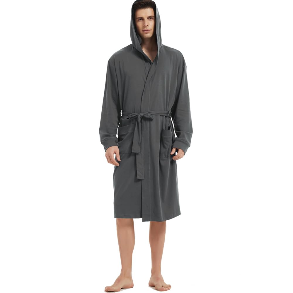 HOLOVE Hooded Men's Cotton Robes Lightweight Bathrobe,Shower Spa Lounge & House