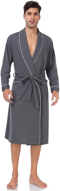 CF Men's 100% Cotton Robe Lightweight Bathrobe Long Sleeve Knit Kimono Sleepwear Soft Knee Length Shower Robe with Pockets