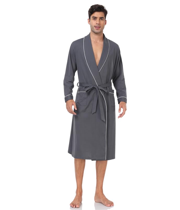 CF Men's 100% Cotton Robe Lightweight Bathrobe Long Sleeve Knit Kimono Sleepwear Soft Knee Length Shower Robe with Pockets