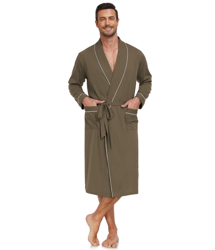 CF Men's 100% Cotton Robe Lightweight Bathrobe Long Sleeve Knit Kimono Sleepwear Soft Knee Length Shower Robe with Pockets