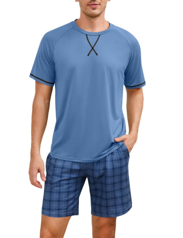 Marvmys Mens Pajama Set Cotton Summer Pjs Short Sleeve Sleepwear Lightweight Pajamas 2 Pieces Loungewear with Pockets S-2XL