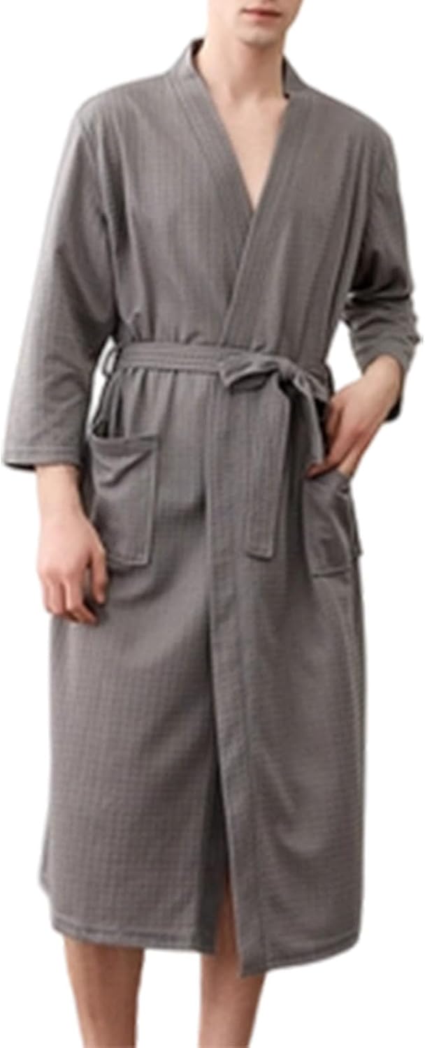Lmdudan Men's Waffle Robe 3/4 Sleeve Kimono Bathrobe with Pockets and Belt