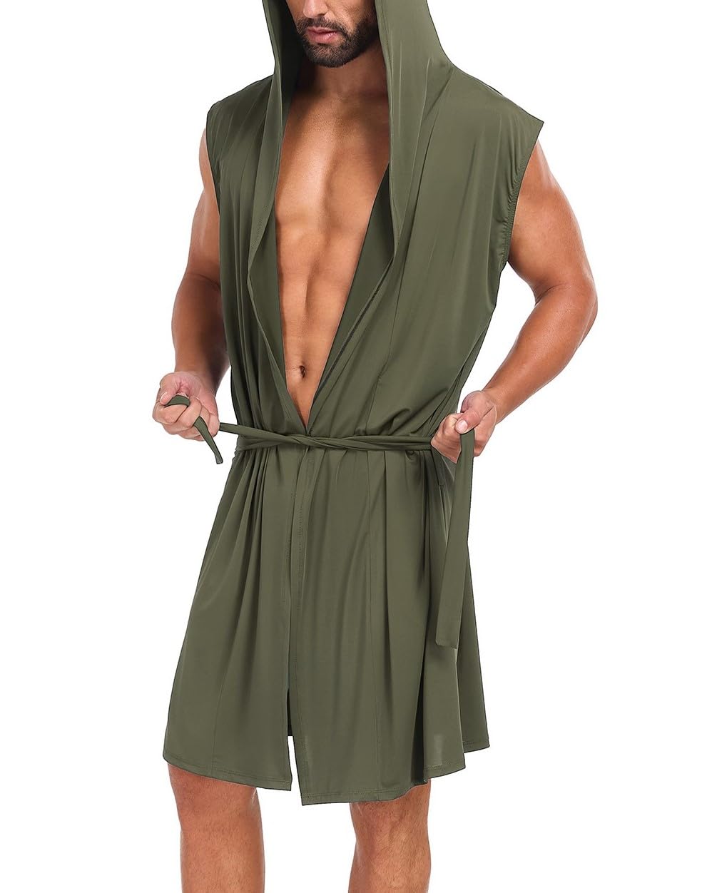 VintageClothing Men's Summer Robe with Hooded Lightweight Bathrobe House Kimono Sleeveless Sexy Sleepwear Pajamas