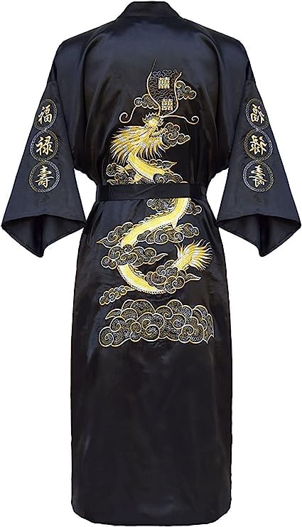 Mens Silk Kimono Robe Mens Japanese Silk Dragon Bathrobe Chinese Kimono Robe Men Open Front Long Cloak with Belt