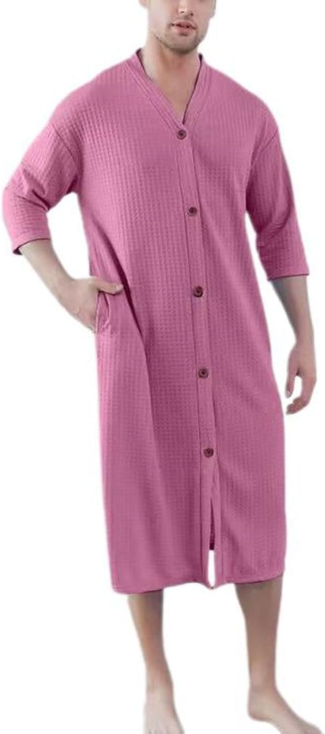 Jinda Men's Soft Robe Button Down House Coat Nightgown Summer V Neck Comfy 3/4 Sleeve Housecoat Sleep Shirt
