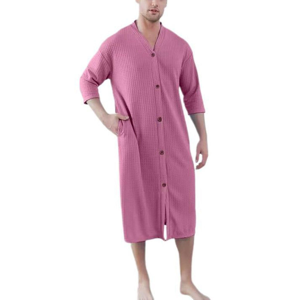 Jinda Men's Soft Robe Button Down House Coat Nightgown Summer V Neck Comfy 3/4 Sleeve Housecoat Sleep Shirt