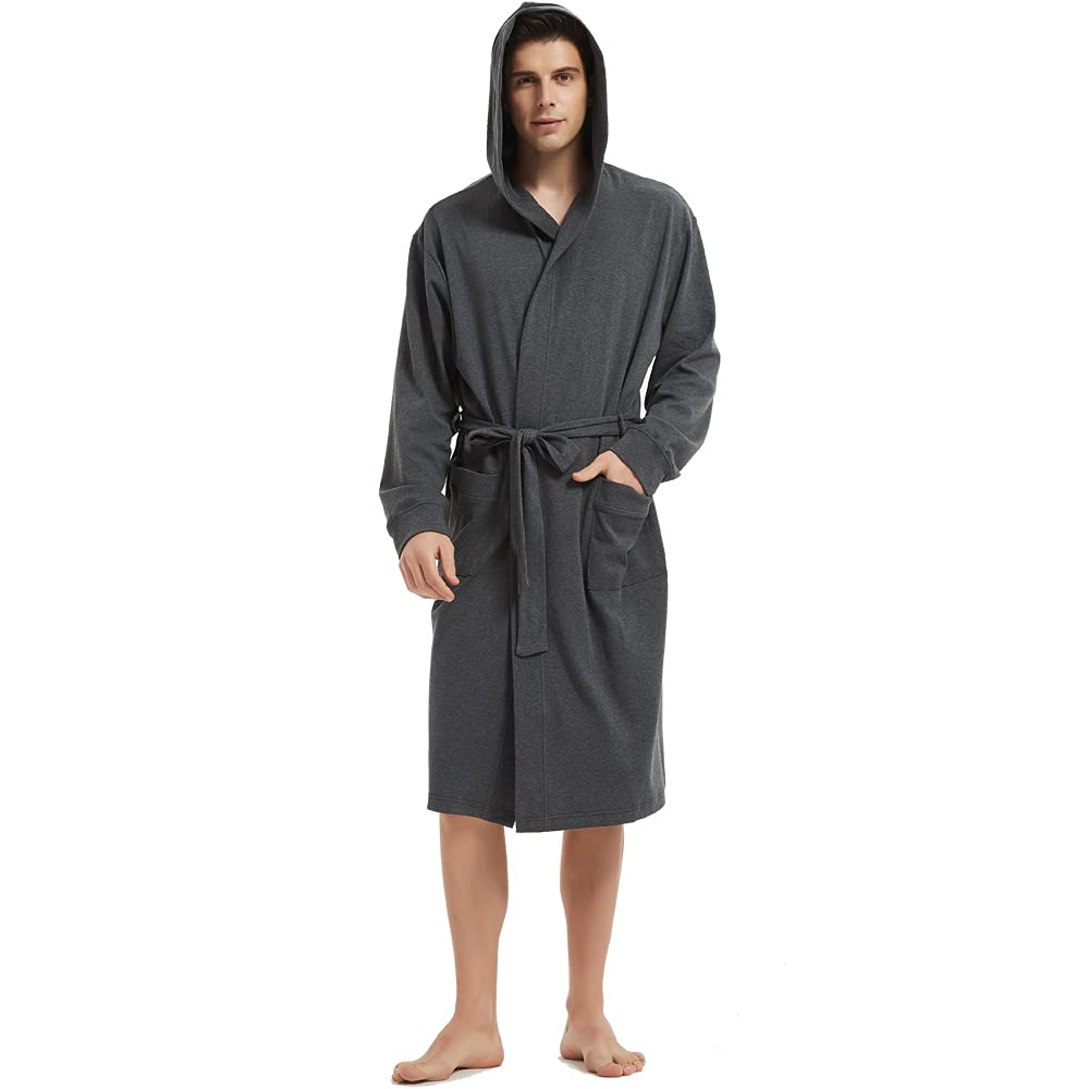 HOLOVE Hooded Men's Cotton Robes Lightweight Bathrobe,Shower Spa Lounge & House