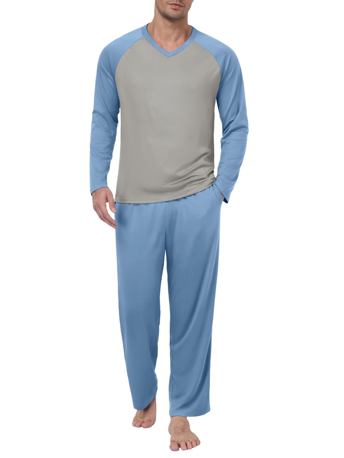 Feiersi Men's Pajama Set Soft Long Sleeve Pjs Sets V-neck Loungewear Shirts