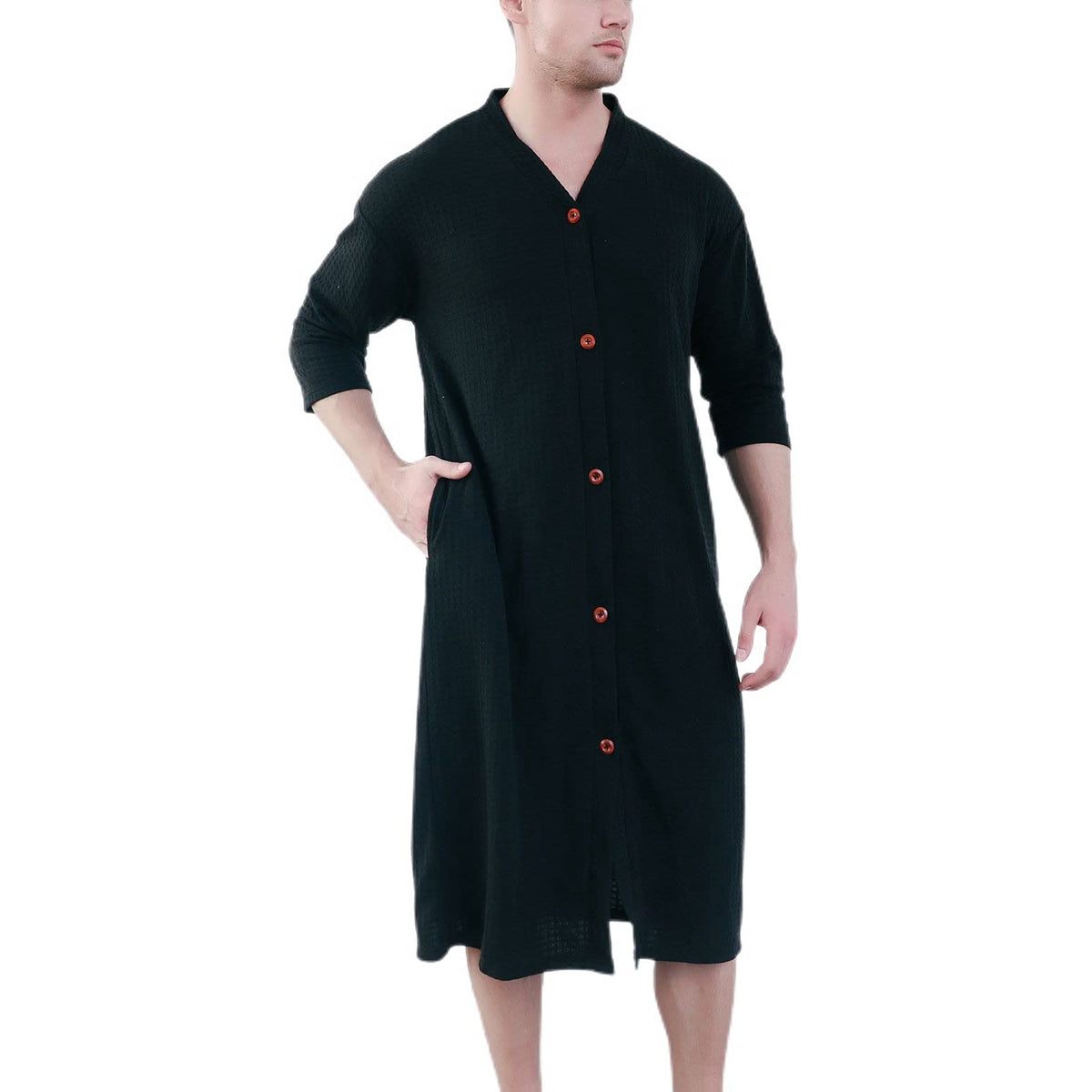 Jinda Men's Soft Robe Button Down House Coat Nightgown Summer V Neck Comfy 3/4 Sleeve Housecoat Sleep Shirt
