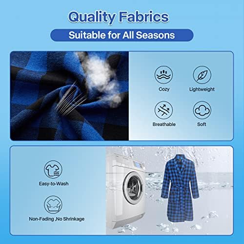 FashGudim Mens Buffalo Plaid Cotton Robe Lightweight Bathrobe Shawl Collar Kimono Sleepwear Loungewear House Robes
