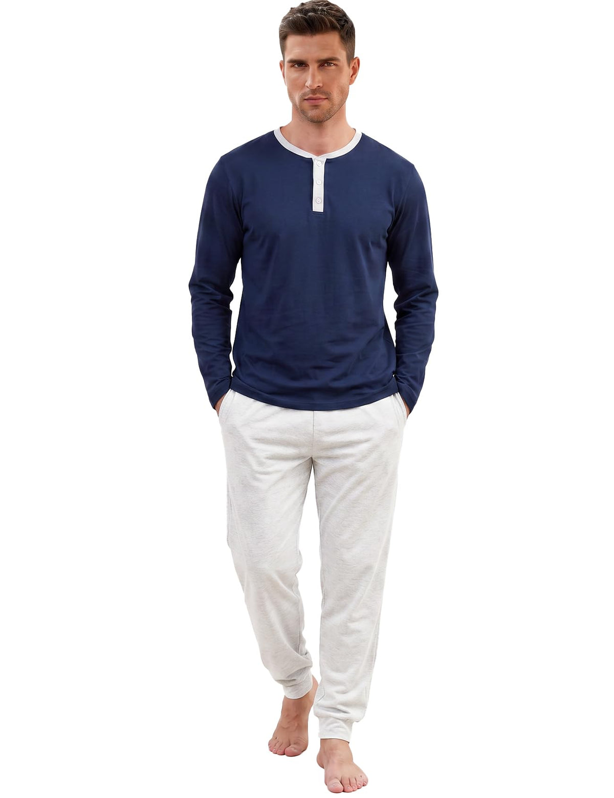 Yimoon Mens Pajama Set 100% Cotton Henley Sleepwear