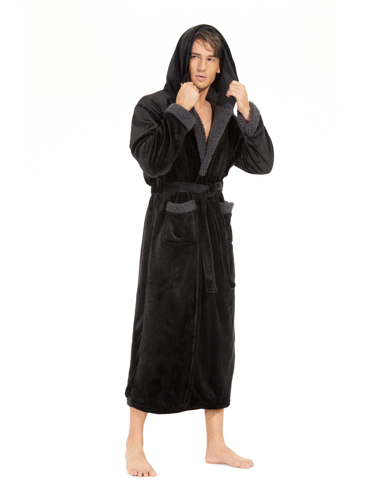 iniber Mens Hooded Robe, Soft Lightweight Plush Robes for Men, Warm Long Fleece Men's Bathrobe with Pockets