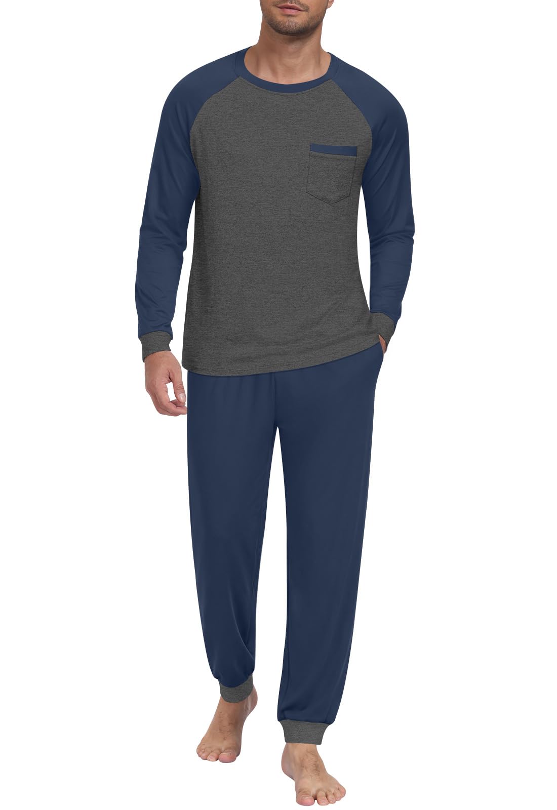 Mens Pajama Sets Long Sleeve Loungewear Pjs with Pockets