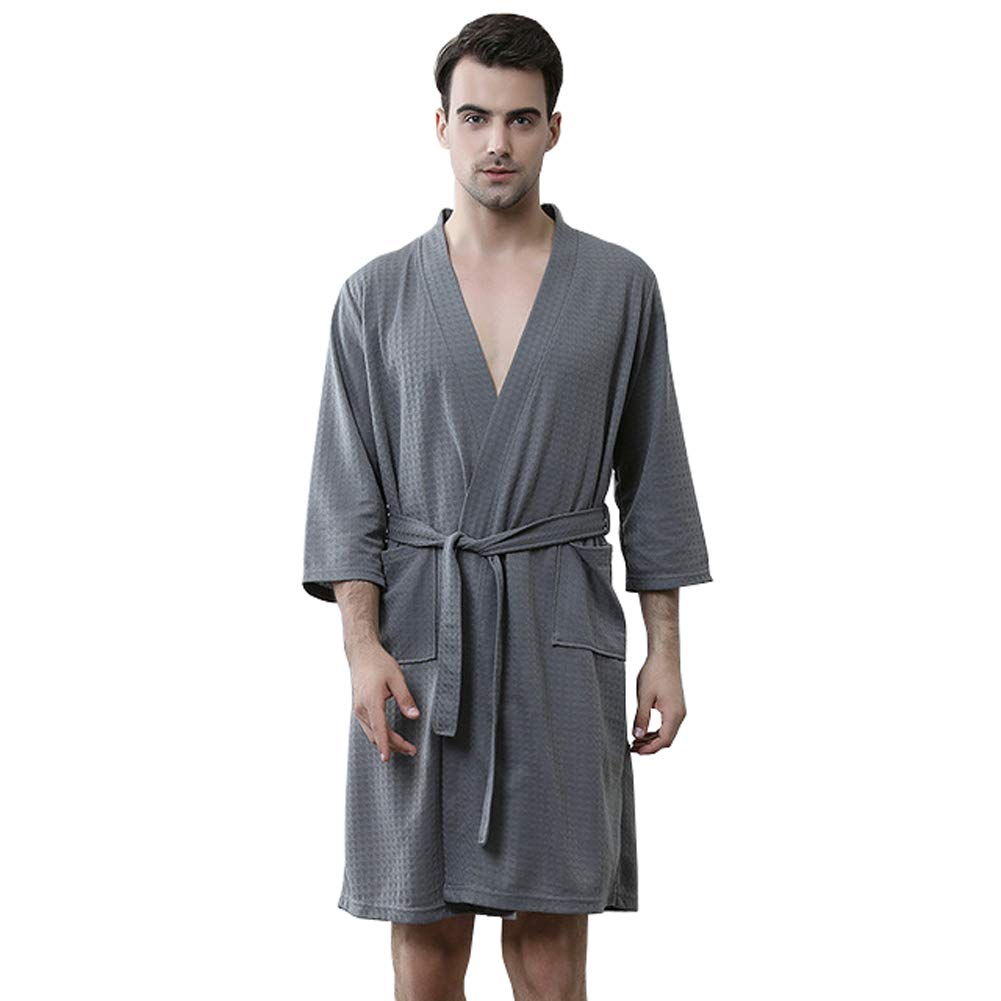 Rojeam Men's Kimono Waffle Robe Unisex Lightweight Soft Knee Length Spa Bathrobe Sleepwear with Pockets