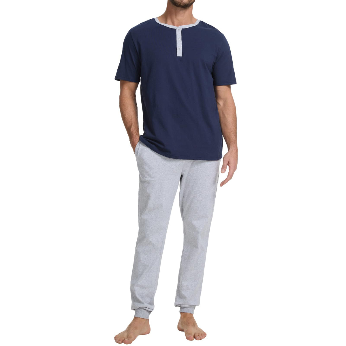 Men's 100% Cotton Henley Pajama Set 2-Piece Lounge Sleepwear