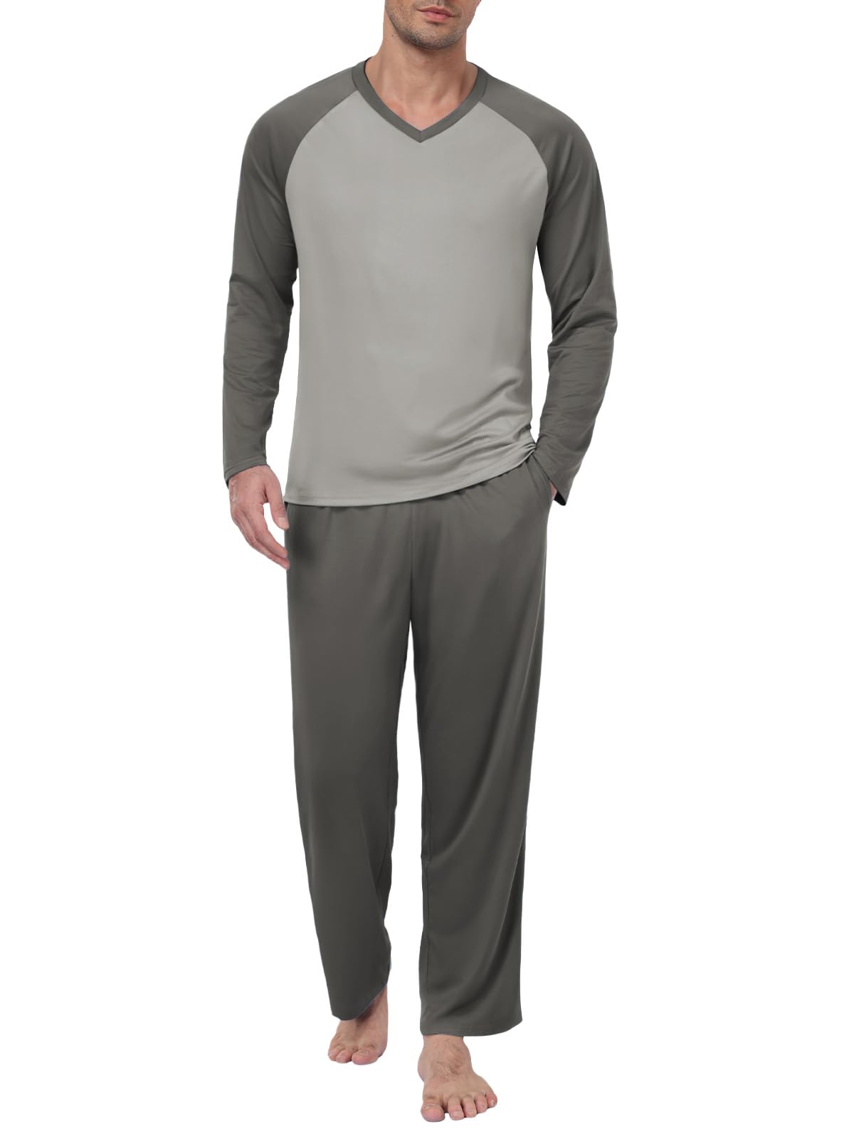 Feiersi Men's Pajama Set Soft Long Sleeve Pjs Sets V-neck Loungewear Shirts