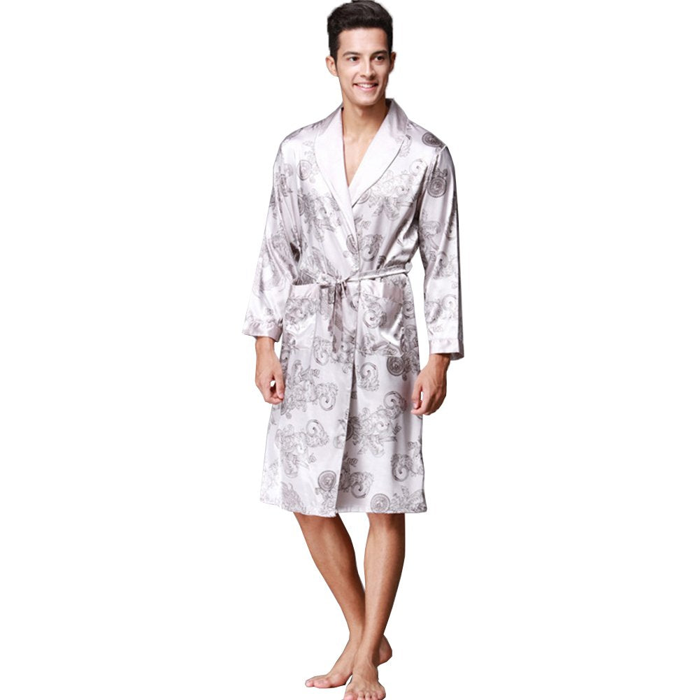 ZUEVI Men's Kimono Robe Silk Satin Long Sleeve Spa Bathrobe Lightweight Soft Silky Pajamas Robes