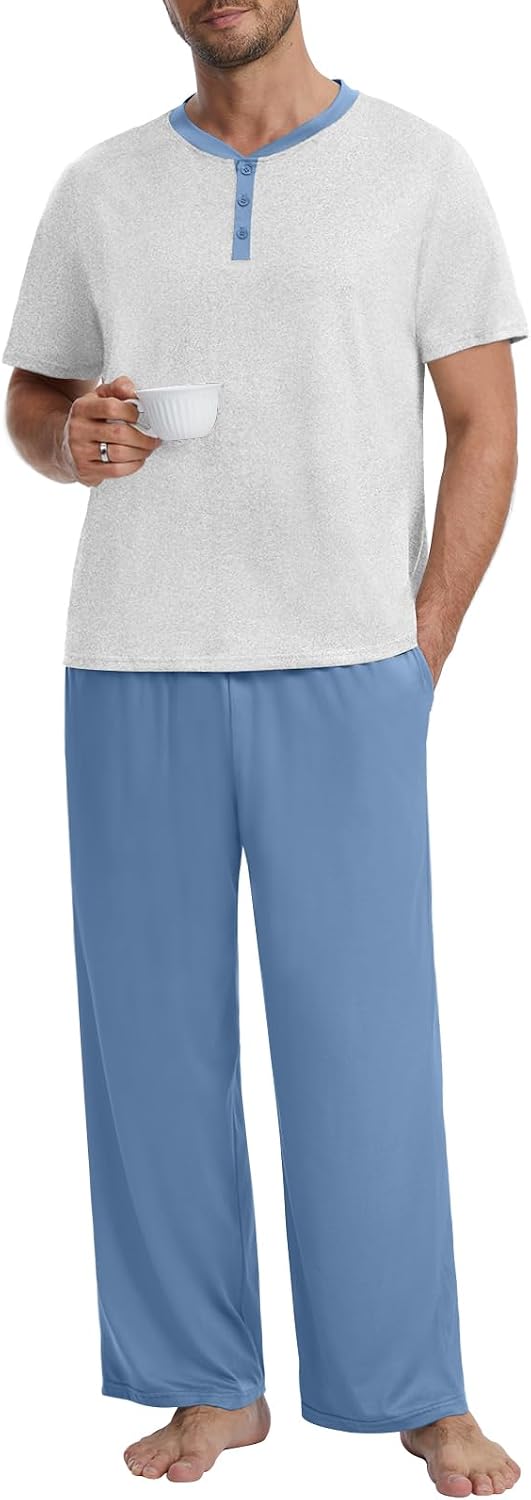 Mens Pajamas Set Henley Neckline Lightweight Sleepwear Pjs S-3XL