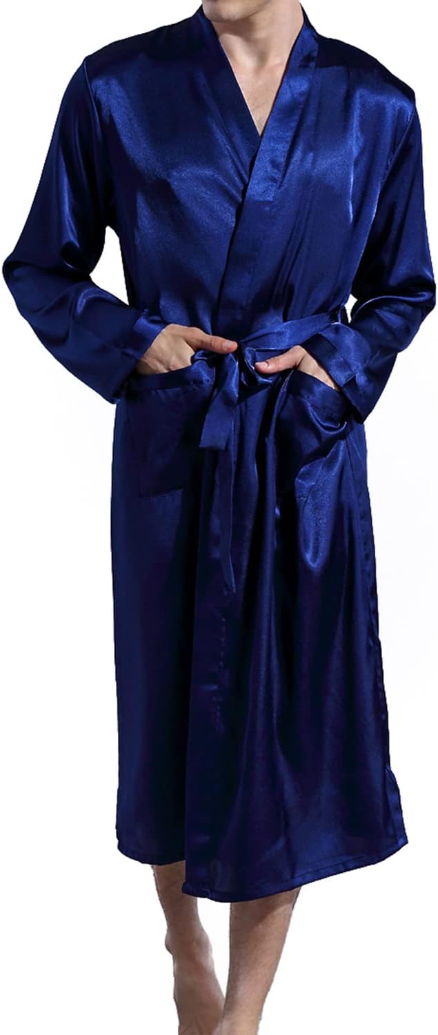 Previn Men's Satin Kimono Robe Long Spa Bathrobes Luxurious Silk Long Sleeve Loungewear