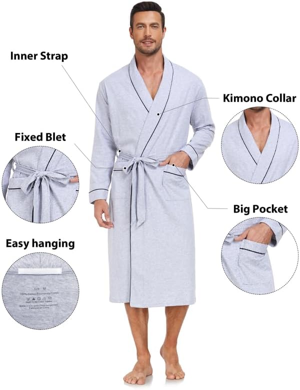 CF Mens Cotton Robe Lightweight Bathrobes Soft Long Robe Kimono Bathrobe