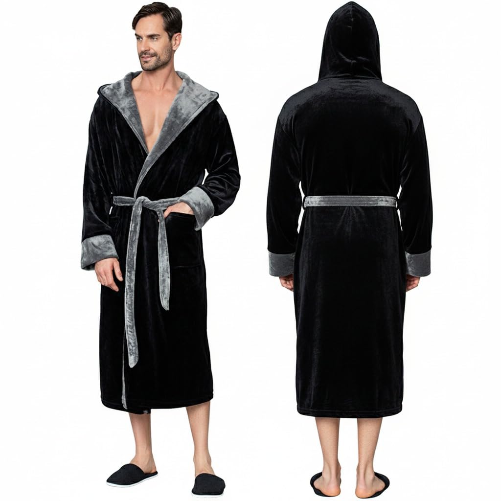 Lotus Linen Personalized Men's Plush Robe - Luxury Hooded Fleece Bathrobe with Custom Embroidery