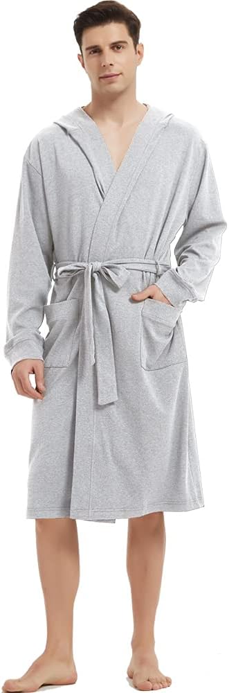 HOLOVE Hooded Men's Cotton Robes Lightweight Bathrobe,Shower Spa Lounge & House
