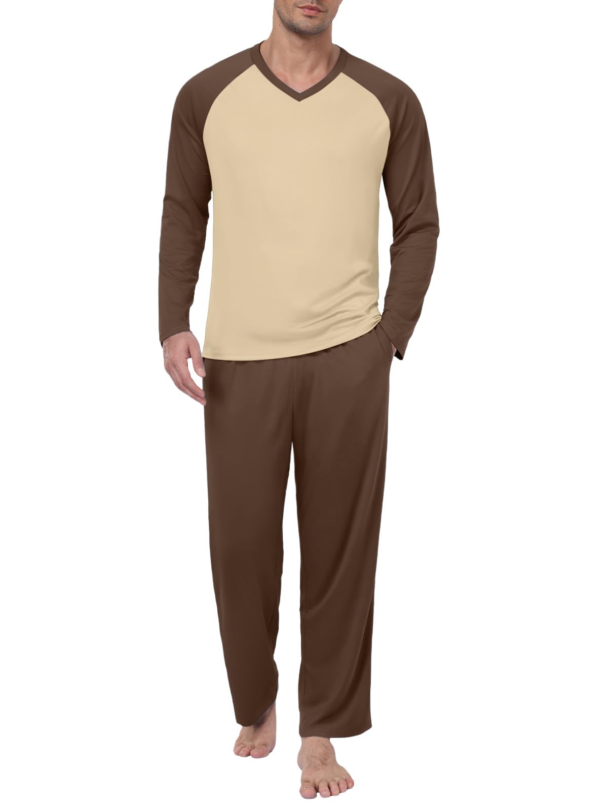 Feiersi Men's Pajama Set Soft Long Sleeve Pjs Sets V-neck Loungewear Shirts