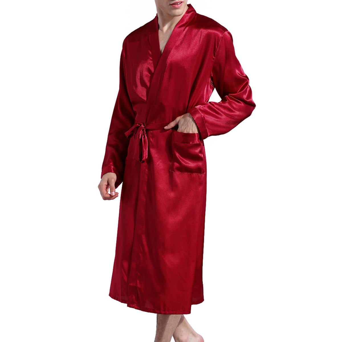 Previn Men's Satin Kimono Robe Long Spa Bathrobes Luxurious Silk Long Sleeve Loungewear
