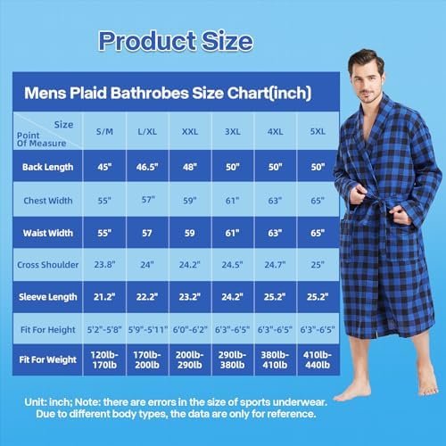 FashGudim Mens Buffalo Plaid Cotton Robe Lightweight Bathrobe Shawl Collar Kimono Sleepwear Loungewear House Robes