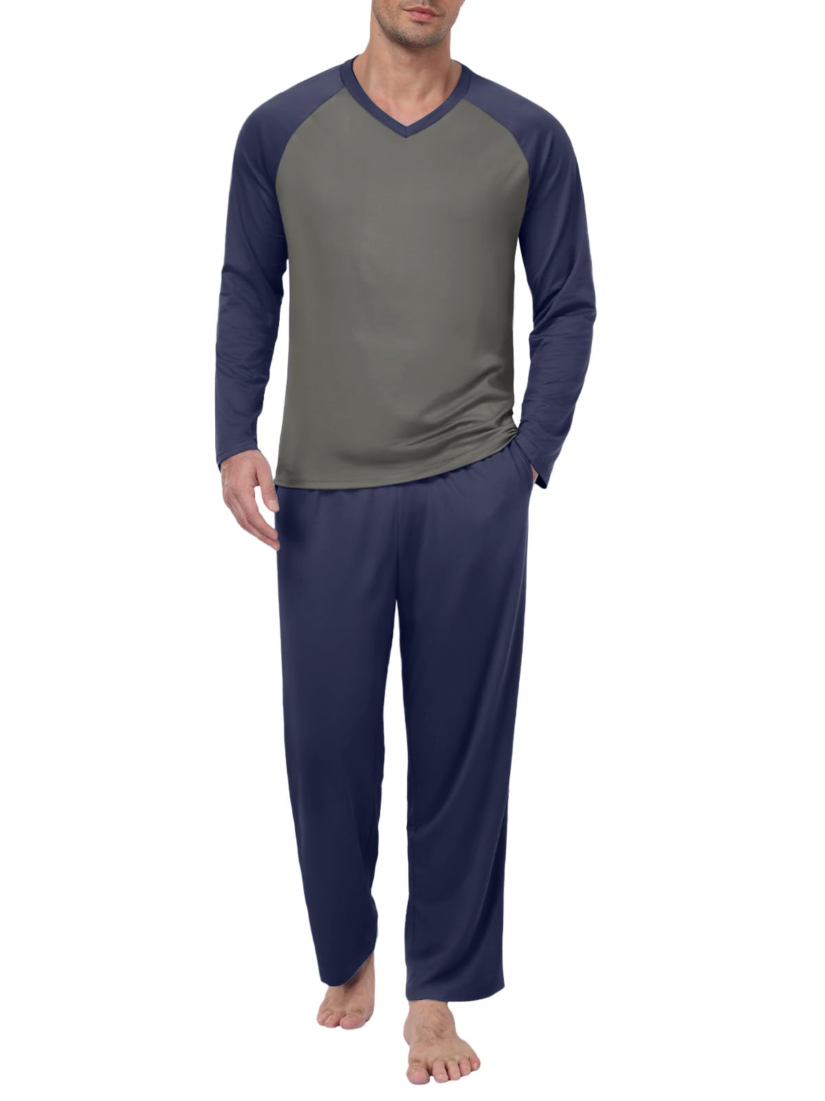 Feiersi Men's Pajama Set Soft Long Sleeve Pjs Sets V-neck Loungewear Shirts